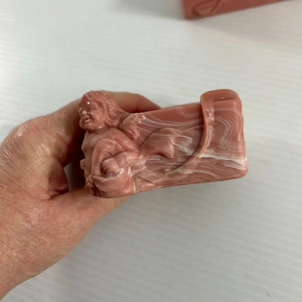 Vintage Hard Resin Rose Pink Cherub Angel Bathroom Set Towel Holder Soap Holder